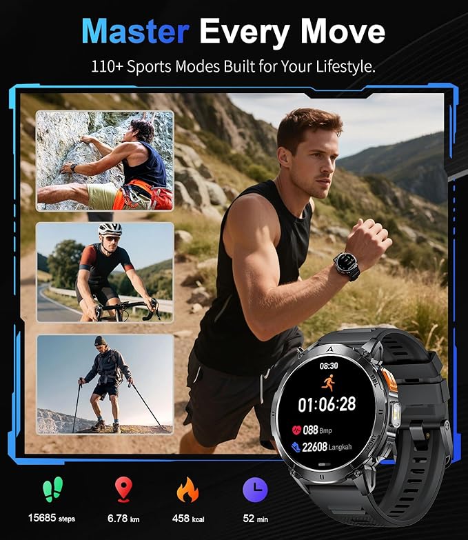 Smart Watches for Men Answer/Make Call, 1.62" AMOLED/730mAh Battery/LED Flashlight Military Smartwatch, 110+ Sports Modes IP68 Waterproof Fitness Tracker for Android iOS Black