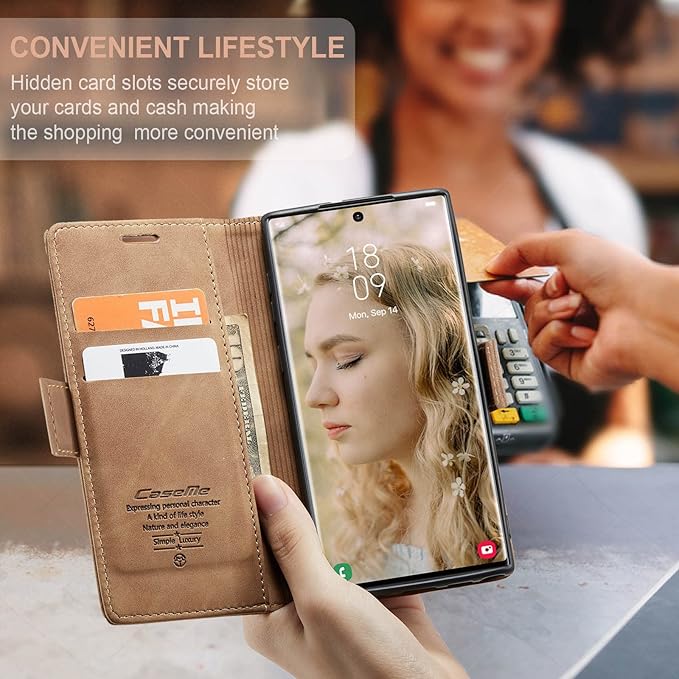 SINIANL for Samsung Galaxy S24 Ultra Case Wallet, Leather Book Folding Flip Cover with Kickstand Card Holders Slots Leather Case for Galaxy S24 Ultra Brown