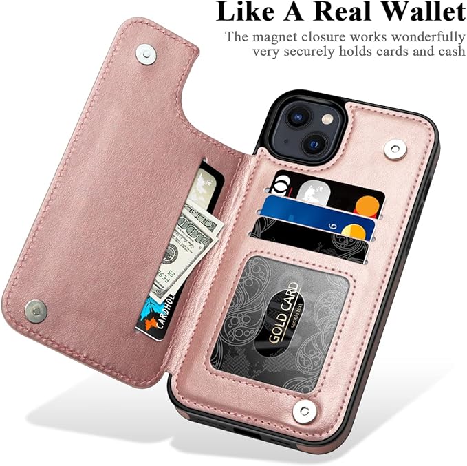 MMHUO for iPhone 15 Plus Case with Card Holder,Flower Magnetic Buttons Protective Wallet Case for Women for iPhone 15 Plus,Rose Gold