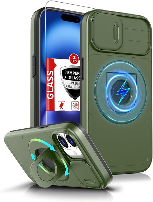 for iPhone 16 Case Magnetic Compatible with MagSafe Wireless Charging with 2 Screen Protectors,16 Case Built-in Kickstand Ring Camera Heavy Duty Protection Military Grade Drop Shockproof Green