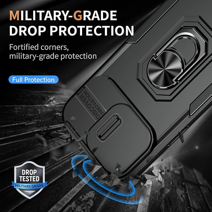 Case for iPhone 14 Pro Max Phone Case iPhone 14 Pro Max Case with Slide Camera Cover, with Finger Ring Holder Stand, fit Magnetic Car Mount, for iPhone 14 Pro Max - Black