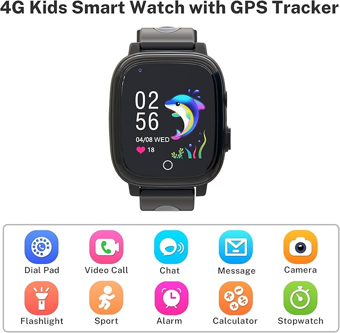 4G Kids Smart Watch with GPS Tracker, Kids Smart Watch Boys with Video Call Alarm SOS Camera Pedometer Stopwatch Caculator Flashlight GPS Watch for Kid Age 5-12