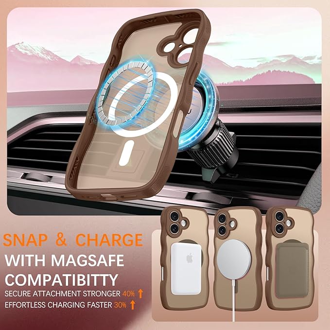 BENTOBEN for iPhone 16 Case Cute, Curly Wave iPhone16 Phone Case [Compatible with MagSafe], [Full Camera Protection] Slim Shockproof Translucent Matte 16 Magnetic Cover for Women Boys, Desert Titanium