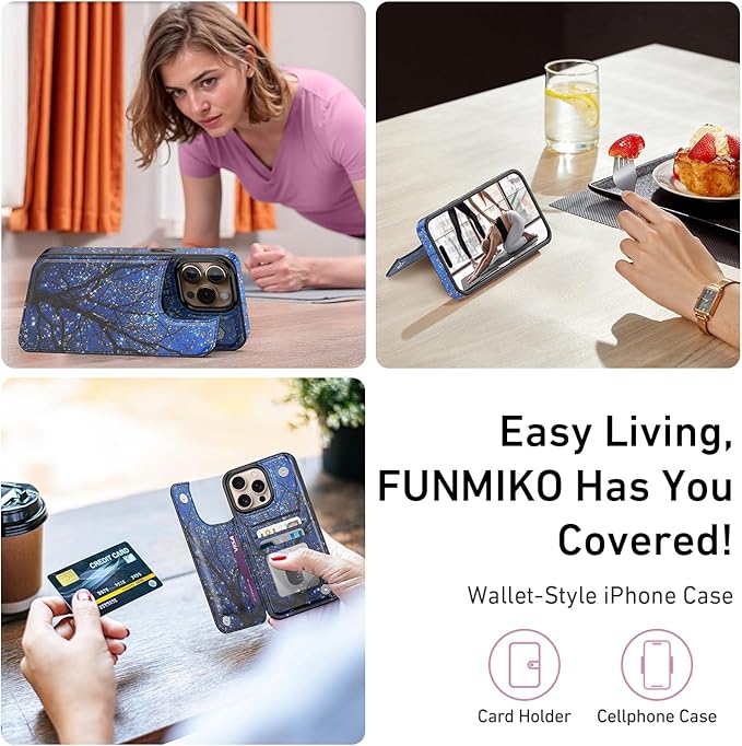 FUNMIKO for iPhone 16 Pro Max Wallet Case with Card Holder, RFID-Blocking, Military-Grade Protection & UV-Printed Artwork, Magnetic Closure with Leather Kickstand - Dreamy Wishing Tree