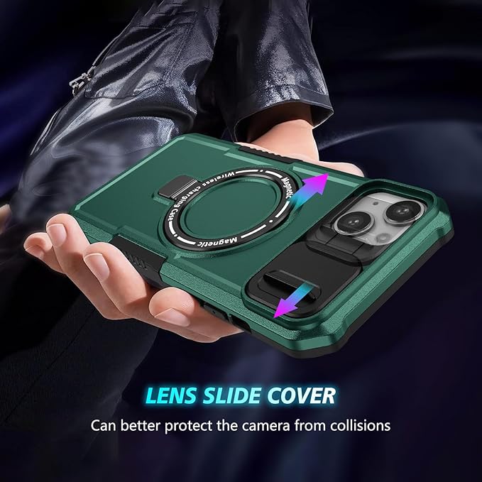 for iPhone 13 Case/for iPhone 14 Case Magnetic Compatible with MagSafe Wireless Charging,with 2 Screen Protectors,with Kickstand,with Camera Cover Shock-Absorbent Heavy Duty Protection Green