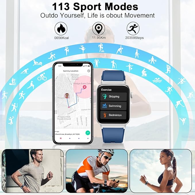 Smart Watch for Men Women (Answer/Make Calls), 1.85" HD Fitness Smartwatch 2025, 113+ Sports Modes, Heart Rate/Sleep/Spo2 Monitor, IP68 Waterproof Step Counter, Activity Tracker for Android iOS, Blue