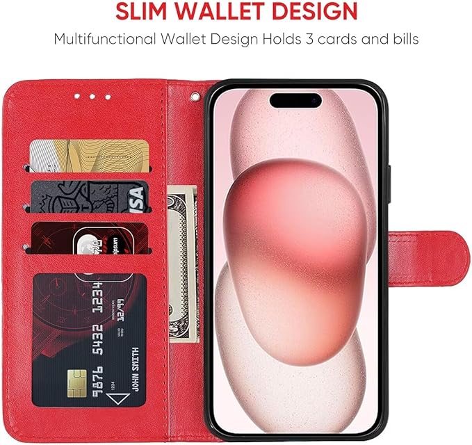for iPhone 15 Case 6.1", Apple 15 Wallet Case with Tempered Glass Screen Protector, Flower Leather Flip Protective Case Credit Card Holder Stand Phone Cover for iPhone 15 Red