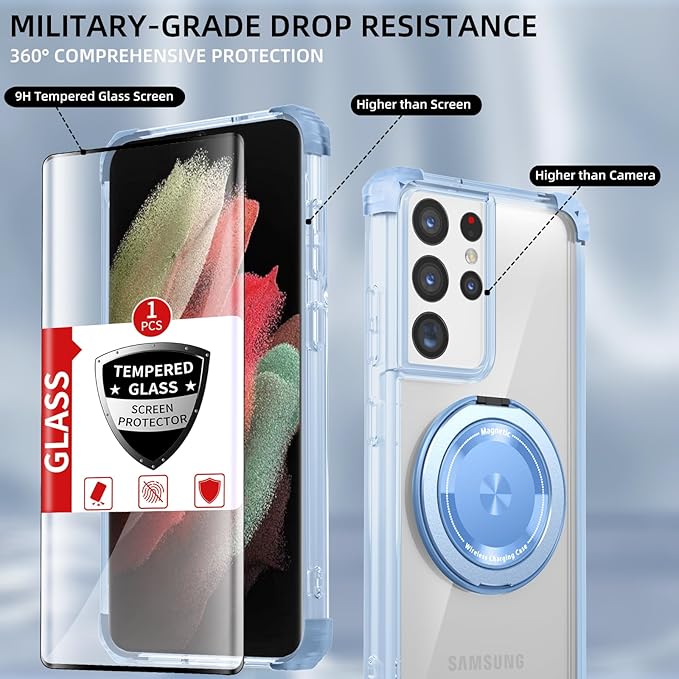 for Samsung Galaxy S21 Ultra Case Compatible Wireless Charging Magnetic,with Screen Protector,for S21Ultra Phone Case with 360°Stand Ring Military Grade Shockproof Heavy Duty Protection Blue