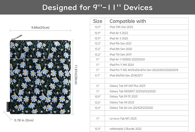 9-11 Inch Embroidered Daisy Padded Carrying Case Protective Tablet Sleeve for iPad A16 11th Gen 11"/10th Gen 10.9", iPad Air 11"/Pro 11"/Air 5th 4th 10.9", Galaxy Tab A9+ Plus 11", Black