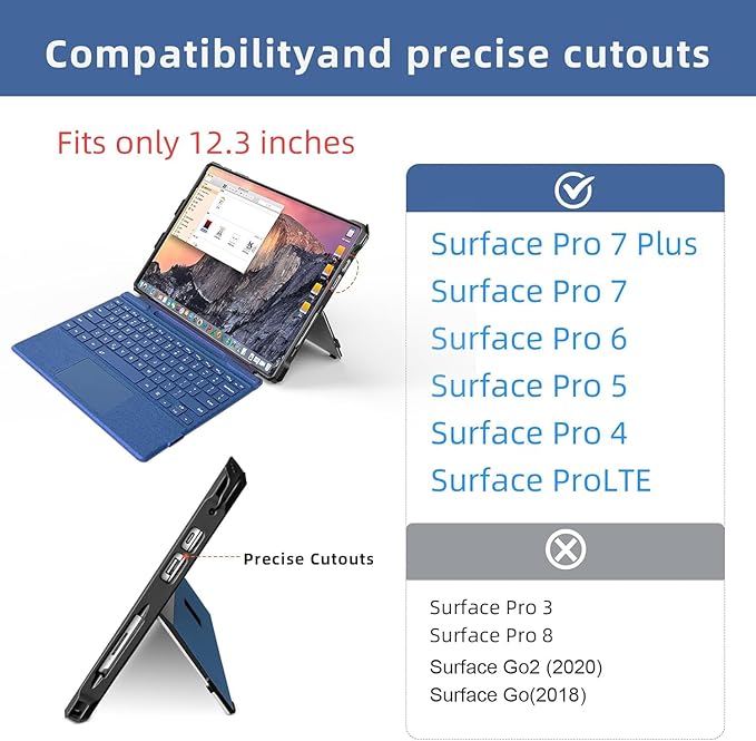 Case for 12.3" Microsoft Surface Pro 7+/7/6/5/4/Pro LTE Protective Rugged Cover Case, with Stylus Pen Holder and Hand Strap, Compatible with Type Cover Keyboard,Navy Blue