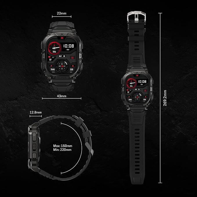 CARBINOX Blaze Smart Watch with GPS (Sport Mode), Rugged Fitness Tracker Waterproof IP69K, Compatible with Android and iOS, 170+ Sports Modes, Gorilla Glass Screen, Make/Receive Calls (Square)