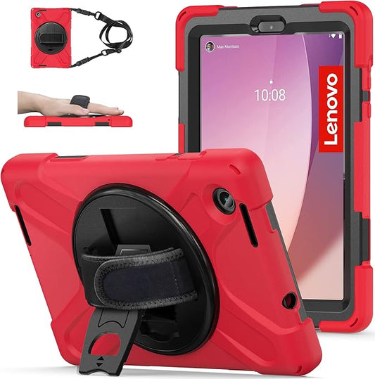 TSQQST for Lenovo Tab M8 Tablet Case 4th Gen 2024 203 Model TB301XU/TB-300FU for Kids | Silicone Rugged Protective Case with Rotating Stand Hand Strap Shoulder Strap for Lenovo Tab M8 Tablet | Red