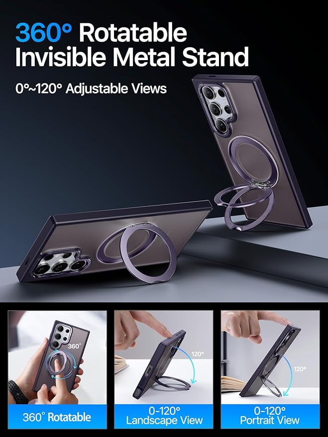 QTlier Phone case for Galaxy S24 Ultra& S25 Ultra- 360 Rotatable Magnetic Ring Stand, Military-Grade Protection, Raised Camera Frame (Purple, S24 Ultra)