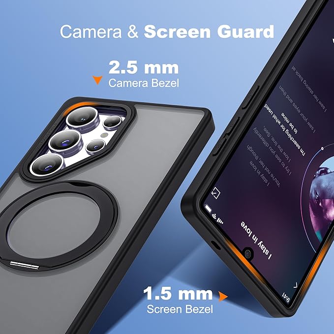 for Samsung Galaxy S25 Ultra Case with 360°Rotatable Magnetic Ring Stand Compatible with Mag-Safe Military Protection Shockproof Matte Translucent Phone Cases for S25 Ultra 6.9",Black