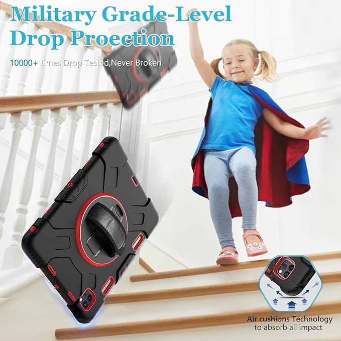 Case for iPad Pro 11 Inch (2022/2021/ 2020/2018): Silicone Cover for iPad 11 (4th/ 3rd/ 2nd/ 1st) Generation with Screen Protector- Stand- Handle- Shoulder Strap- Pencil Holder- Red