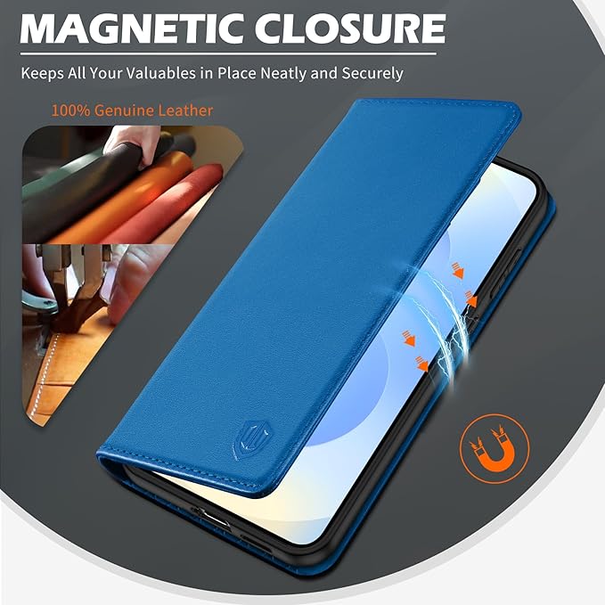 SHIELDON Case for Galaxy S25 Edge 6.7", Genuine Leather Wallet RFID Blocking Credit Card Holder Kickstand Magnetic Full Protective Case Compatible with Galaxy S25 Edge 2025 - Nappa Sapphire Blue