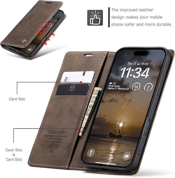 for iPhone 17 Pro Max Case, Flip Wallet Leather Case with Card Holder Magnetic Closure Shockproof Kickstand Protective Phone Cases Cover for iPhone 17 Pro Max, Coffee