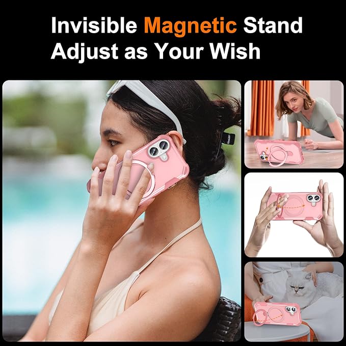 Compatible with iPhone 17 Case with Invisible Magnetic Ring Stand [Compatible with Magnetic] [Military Drop Protection] Shockproof Slim Hard Back Soft Edge Case 6.3 Inch, Pink