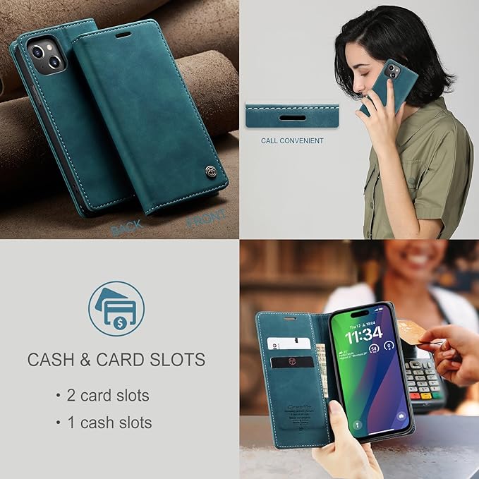 for iPhone 15 Case, Flip Wallet Leather Case with Card Holder Magnetic Closure Shockproof Kickstand Protective Phone Cases Cover for iPhone 15, Blue-Green