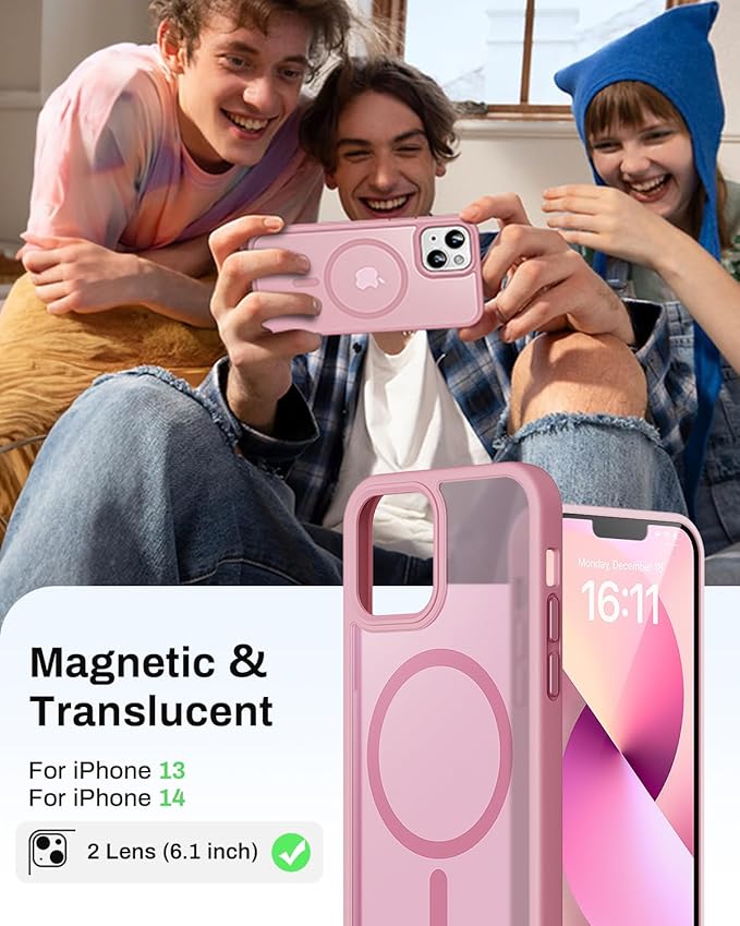 Magnetic for iPhone 13 Case & iPhone 14 Case, Compatible with MagSafe, Military Grade Drop Protection, Slim Fit Shockproof Anti-Fingerprint Translucent Matte Phone Protective Cover, Pink