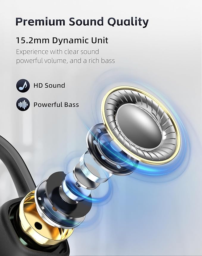 Bone Conduction Headphones, Waterproof Open Ear Wireless Bluetooth Shower Earbuds Noise Cancelling, HiFi Stereo Earphones with Mic, 18H Playtime, Comfort Headset for Sports, Work, Meeting