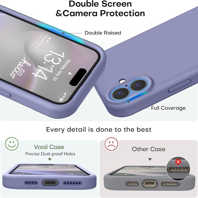 Vooii Compatible with iPhone 16 Plus Case, Liquid Silicone Upgrade [Camera Protection] [Soft Anti-Scratch Microfiber Lining] Shockproof Phone Case for iPhone 16 Plus 6.7 inch - Lavender Grey