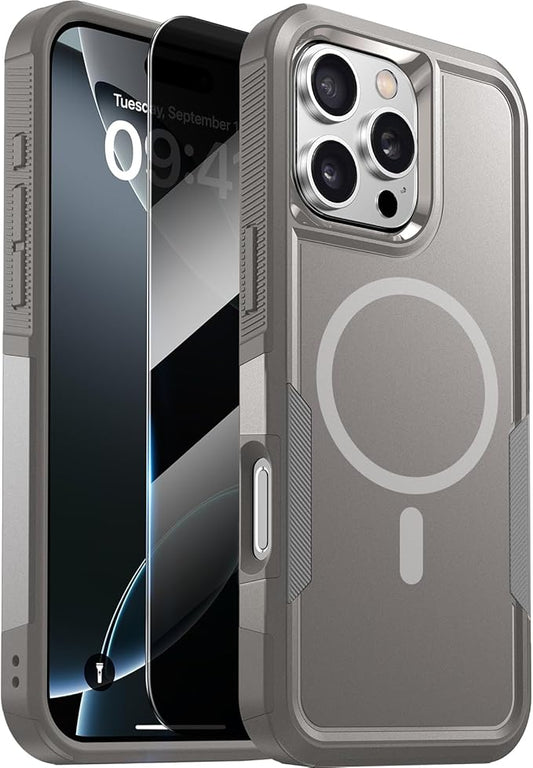Diaclara Designed for iPhone 16 Pro Max Case, [with Privacy Screen Protector] [Anti Spy] [Military Grade Drop Protection] Heavy Duty Full-Body Shockproof Phone Case, Magnetic Grey Titanium