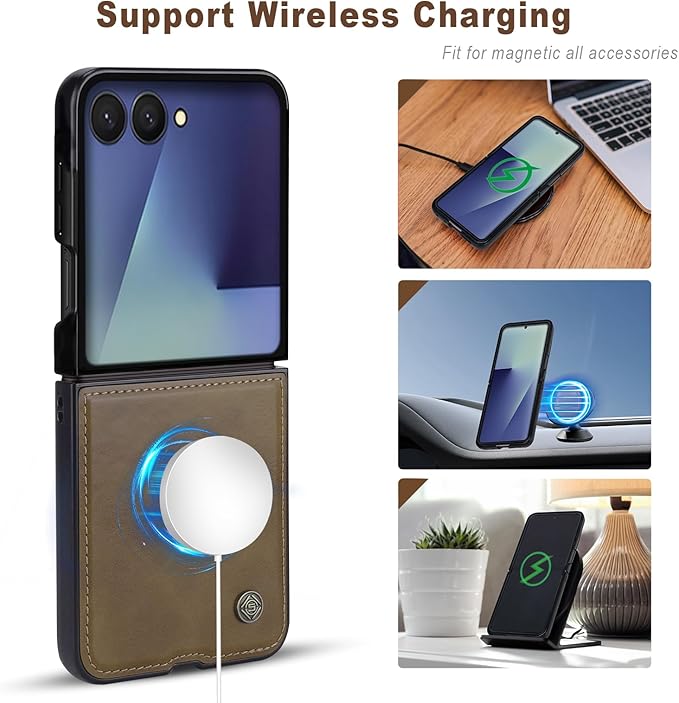 ASAPDOS Leather Folio Magnetic Case for Samsung Galaxy Z Flip 7 [Compatible with MagSafe],Built-in Screen Protector and PU Leather Thin Slim Protective Case Cover Light Brown