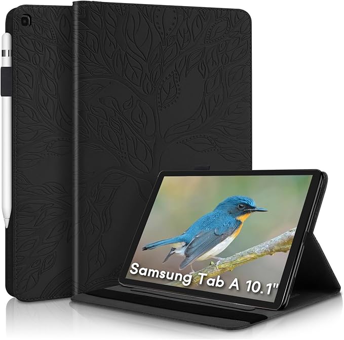 Portfolio Cover for Galaxy Tab A 10.1 Inch, Unique Tree Design with Hidden Card Slots, Slim and Lightweight, Precise Cutouts Tablet Case Compatible with Samsung Galaxy Tab A 2019 SM-T510 T515 Black