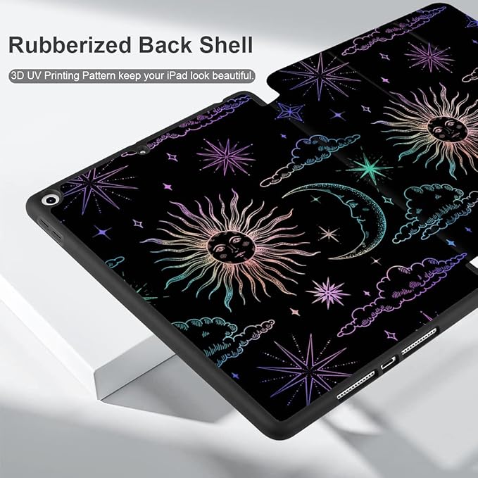 DONGKE Case Compatible with iPad 10.2 Inch 2021 2020 2019 iPad 9th/8th/7th Generation with Pencil Holder, Slim Stand Protective Case with Soft TPU Back, Auto Sleep/Wake Cover, Sun & Moon