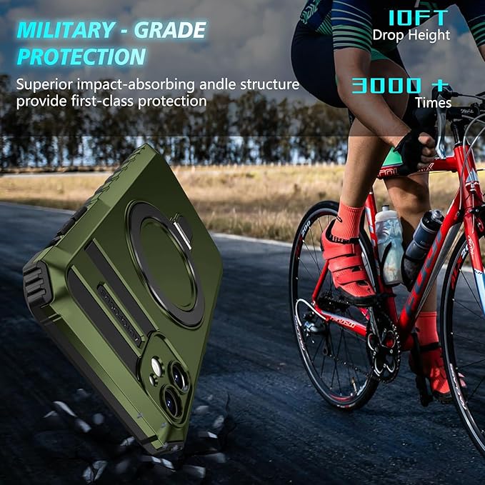 for iPhone 12 Case Magnetic Compatible with MagSafe Wireless Charging,with 2 Screen Protectors,Built-in Kickstand Ring,Shockproof Shock-Absorbent Scratch Resistant Heavy Duty Protection Green