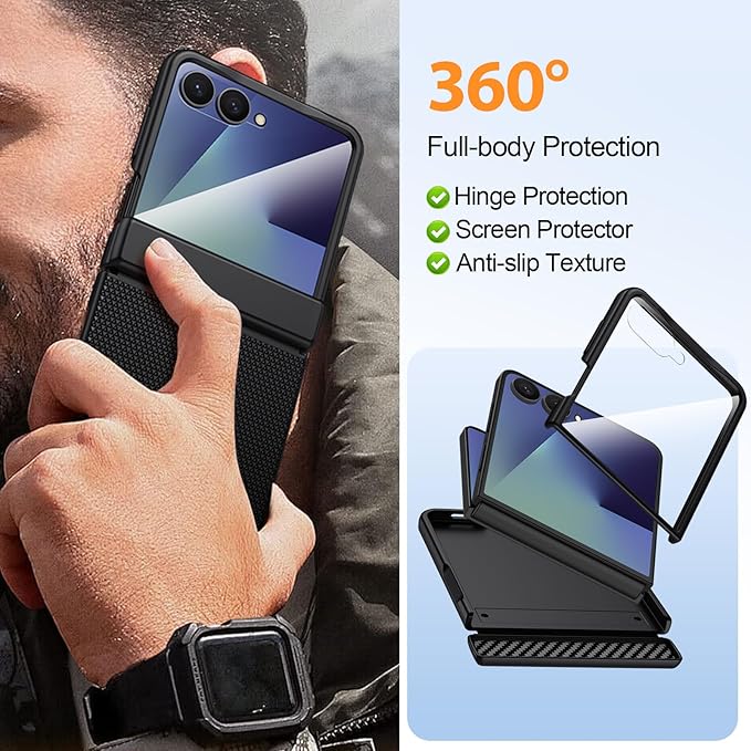 for Samsung Galaxy Z-Flip-7 Case: Non-slip Grip 3D Texture & Magnetic Hinge Protection, 9H Glass Screen Protector, TPU Shockproof Militray-Grade Protective Phone Cover for ZFlip 7 2025, Black