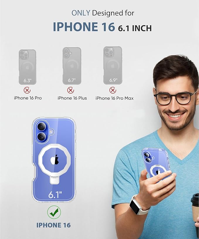 Compatible with iPhone 16 Case, Built-in Screen Protector & Seamless Stand, with Camera Lens Protector, Strong Magnetic Clear Phone Case, Full Body Protective Cover for 6.1" (Clear)