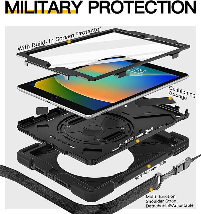 BRAECN for iPad 9th Generation Case, iPad 10.2 Case with Built in Screen Protector, Hand Strap, Swiveling Stand, Shoulder Straps, Heavy Duty Rugged Case for iPad 8th/7th Gen 10.2 Inch-Black