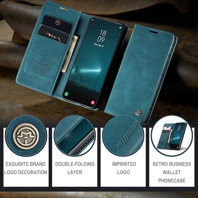 for Samsung Galaxy S22 Case, Flip Wallet Leather Case with Card Holder Magnetic Closure Shockproof Kickstand Protective Phone Cases Cover for Samsung S22,Blue-Green