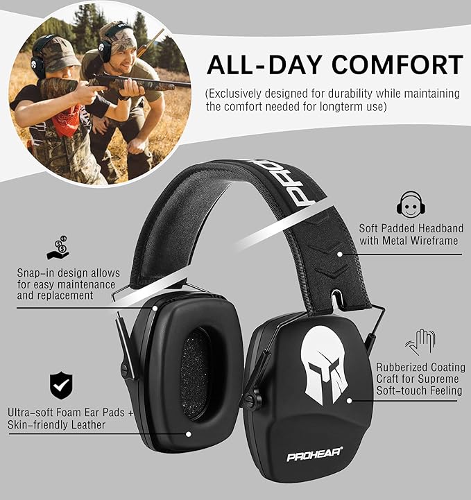 PROHEAR 016 Ear Protection Safety Earmuffs for Shooting, NRR 26dB Noise Reduction Slim Passive Hearing Protector with Low-Profile Earcups, Compact Foldable Headset for Gun Range, Hunting (Sparta)