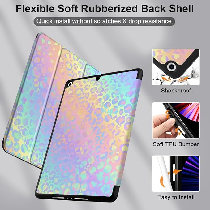 DONGKE Case Compatible with iPad 10.2 Inch 2021 2020 2019 iPad 9th/8th/7th Generation with Pencil Holder, Slim Stand Protective Case with Soft TPU Back, Auto Sleep/Wake Cover, Colorful Leopard