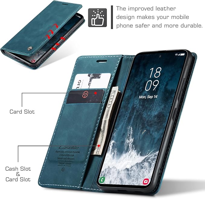 for Samsung Galaxy S23 FE Case, Flip Wallet Leather Case with Card Holder Magnetic Closure Shockproof Kickstand Protective Phone Cases Cover for Samsung S23 FE,Blue-Green