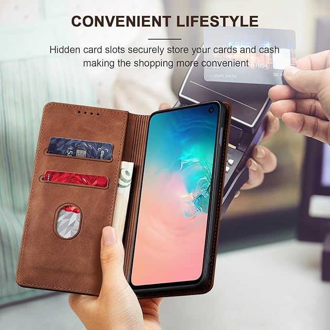 Jasonyu Flip Wallet Case for Samsung Galaxy S10e,Leather Magnetic Folio Cover with Card Holder,Kickstand - TPU Shockproof Durable Protective Phone Case,Brown