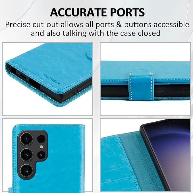 MONASAY Wallet Case Compatible for Galaxy S23 Ultra 5G,[RFID Blocking] Flip Folio Leather Cell Phone Cover with Credit Card Holder, 6.8 inch, Light Blue