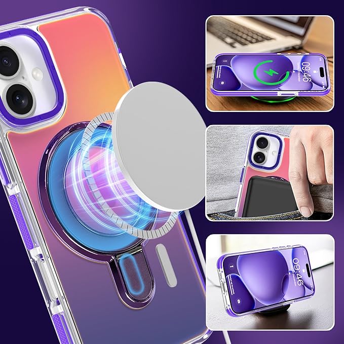 MOWIME Magnetic for iPhone 17 Case with Stand [Compatible with Magsafe] [Cute Fashion Fluorescent Design] [1 Screen Protector] Slim Translucent Matte Case for iPhone 17 6.3" 2025, Purple