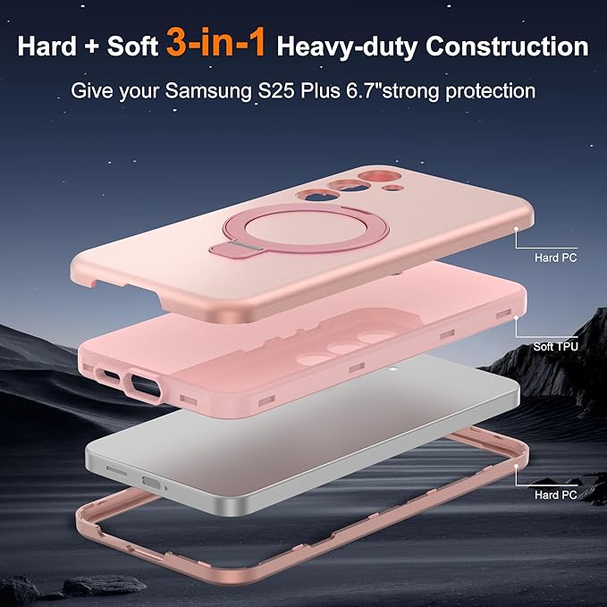 Designed for Samsung Galaxy S25 Plus Case with Magnetic Ring Stand [Compatible with Mag-Safe][Military Grade Drop Protection][Build in Kickstand] S25+ Phone Case 6.7",Rose Gold