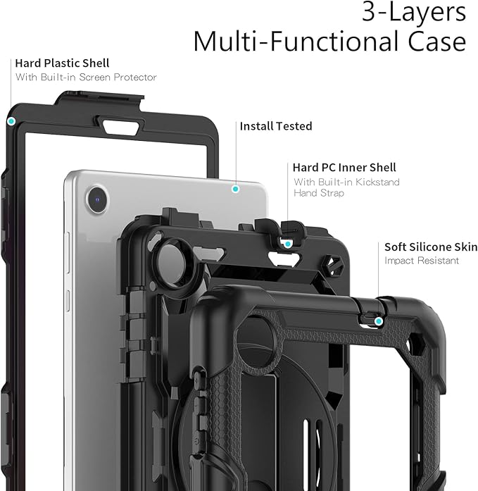 for Lenovo Tab M8 Case 4th Gen 2023 (TB-300FU) Case, with Screen Protector, Hand Strap, Shoulder Strap, Rotating Stand for Lenovo M8 8.0 Inch 2023 Release Black