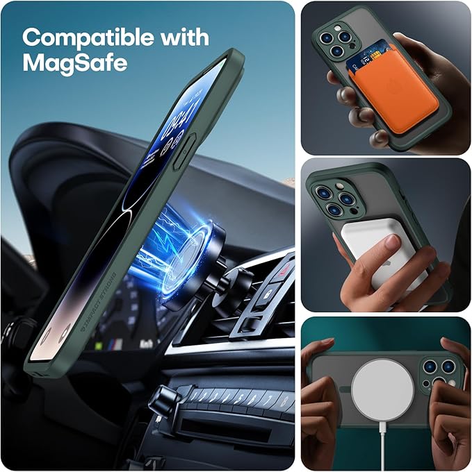 ImpactStrong Magnetic Guard Designed for iPhone 14 Pro Case [Camera Protection] [Military Grade Drop Tested] [Compatible with MagSafe] Slim Translucent Matte Phone Case (6.1") - Dark Green