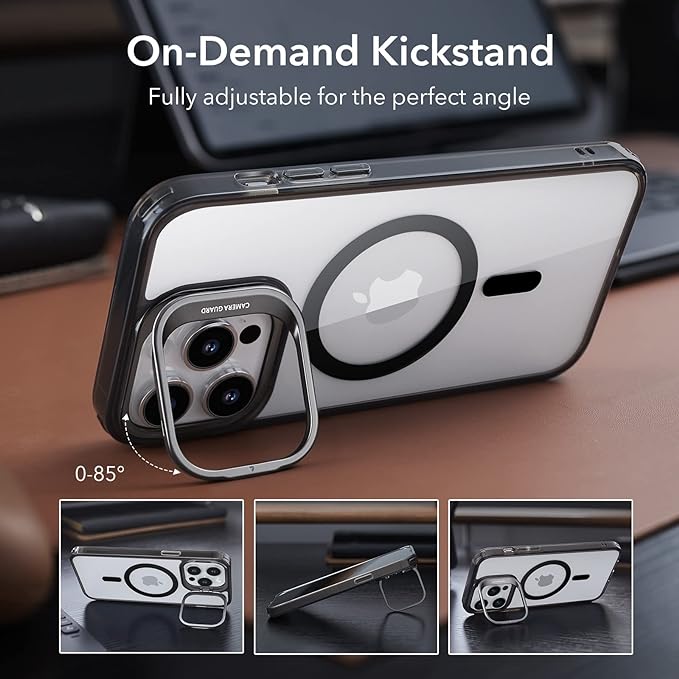 ESR Magnetic Phone Case for iPhone 14 Pro Max, Compatible with MagSafe, Built-in Camera Ring Stand, Military-Grade Protection, Classic Kickstand Case (HaloLock),Clear Black