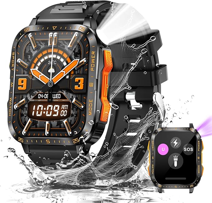 Military Smart Watch for Men with LED Flashlight/UV Light 3ATM Waterproof 1.96" Big Screen Rugged Tactical Smartwatch with Text and Call Fitness Tracker with HR/Sleep Monitor for iPhone Android