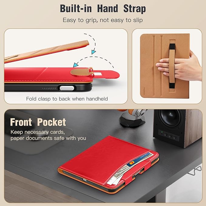 MoKo for iPad (A16) 11th Generation Case 11 inch 2025, iPad 10th Generation Case 10.9" 2022 with Pencil Holder & Pocket, Premium Leather Folio Stand Cover, Multiple Viewing Angles, Water Red