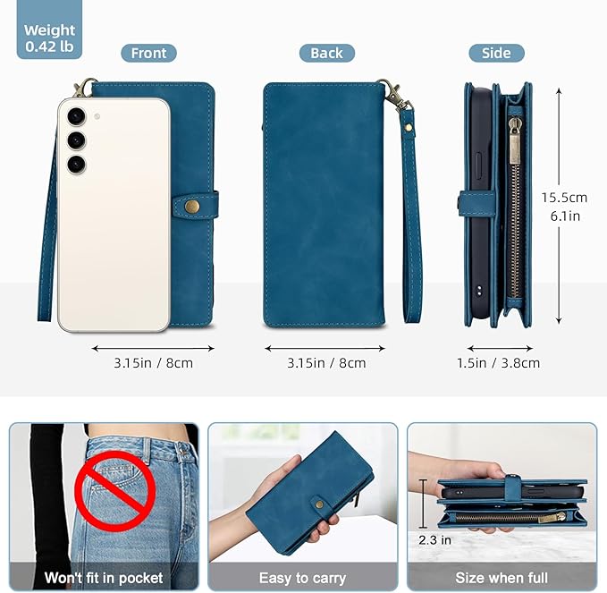 TwoHead for Samsung Galaxy S23 Wallet Case with Card Holder & Detachable Magnetic Phone Case for Galaxy S23,PU Leather Shockproof Protective Phone Cover Wallet with Wrist Strap(6.1 in,Navy Blue)