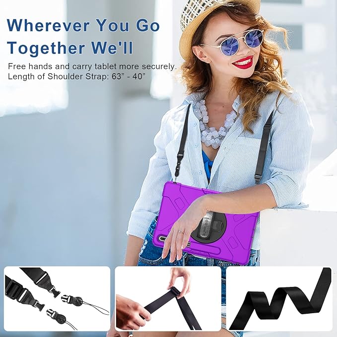 SUPFIVES Case for Samsung Galaxy Tab S8 Plus 2022: Three Layer Heavy Duty Silicone Protective Cover with Stand - S Pen Holder - Handle for Galaxy Tablet S8+/S7+/S7 FE 12.4" - Purple