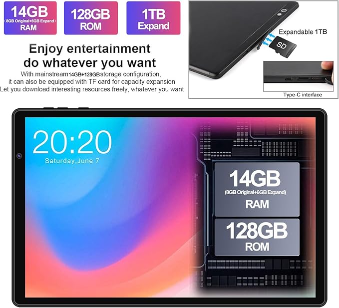 Android Tablet 10 inch Android 13 Tablets with 14GB RAM 128GB ROM, Octa-Core 2.0 GHz, 8000mAh Battery, 5G WiFi, Bluetooth 5.0, HD IPS Touchscreen, 5+8MP Camera Tablet with Keyboard Mouse Case, Black